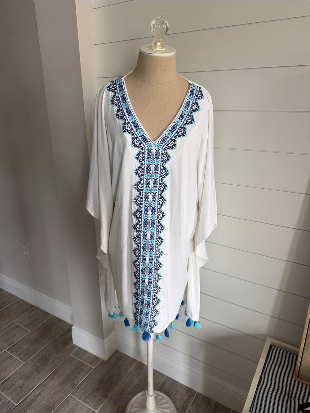 Cabana Life White Embroidered V-Neck Women’s Tunic with Blue Trim and Tassels